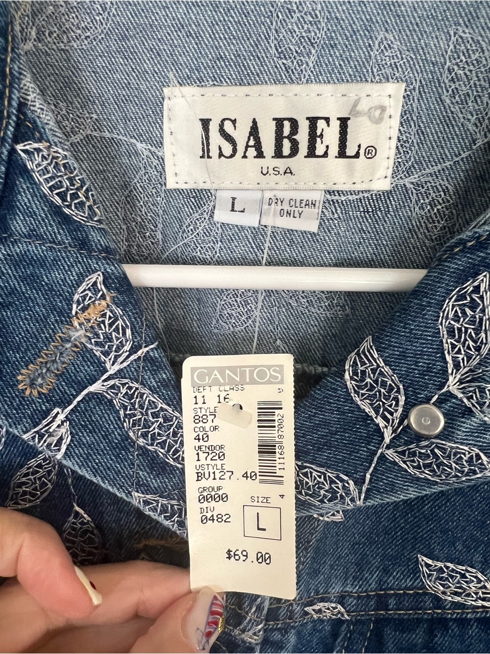 Isabel USA Embroidered Leaf Denim Vest Blue Jean Button Front Size Large - Picture 3 of 8